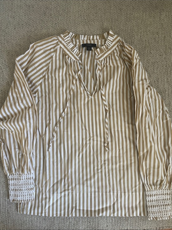 J. Crew Tops - J. Crew Tan and White Striped Tie-Front Peasant Blouse